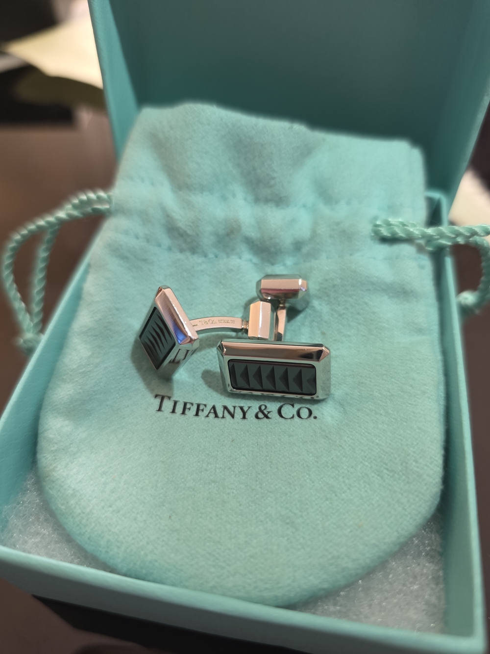 Tiffany & Co. Silver Cufflinks with Black Chevron Inset